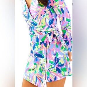Lilly Pulitzer Karlie Wrap Romper in Abstract Tropical Floral Print SZ L